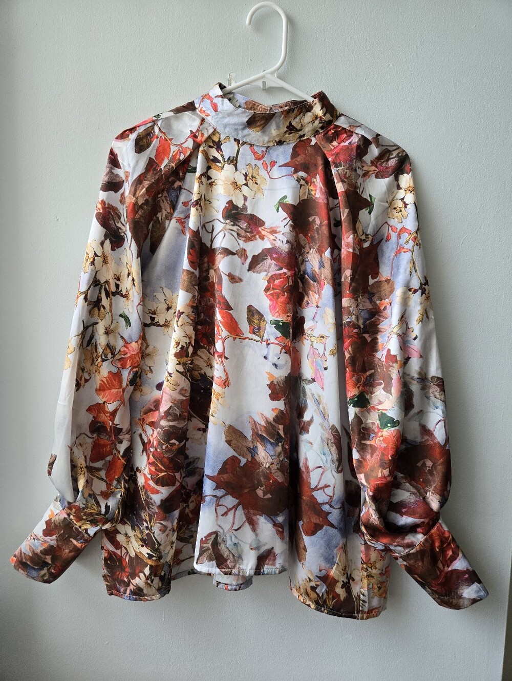 Molly Bracken Blouse LG Silky Autumnal Florals Career Relaxed Fit Long Slv Flaw